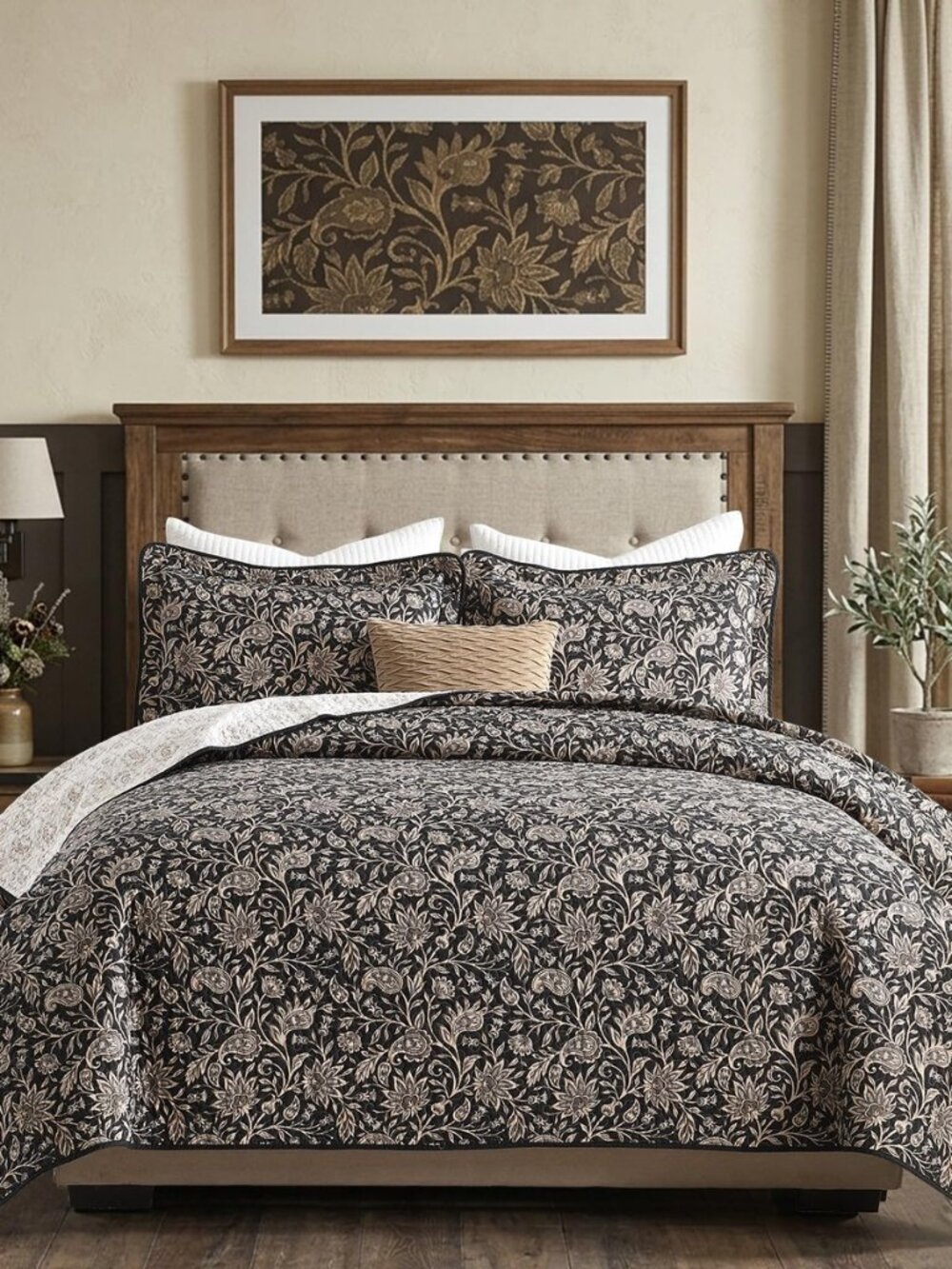 Quilts Queen Size, Vintage Paisley Floral Quilt Set, Brown/Khaki
